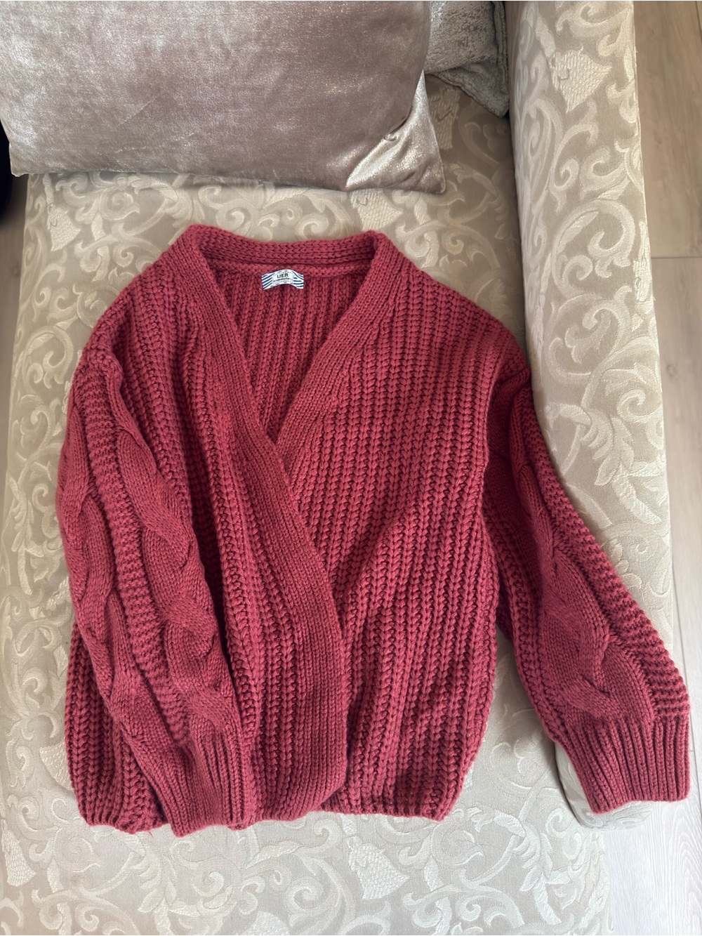 UE Chunky Cable Knit Cardigan Sweater - Brick Red